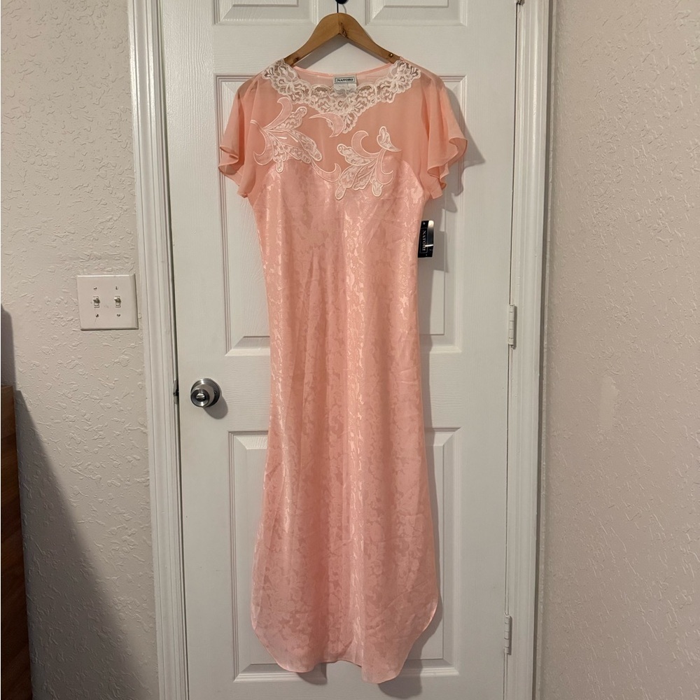 NWT Vintage Natori Coquette Pink Floral Lace Slip Dress Nightgown Sheer Back S